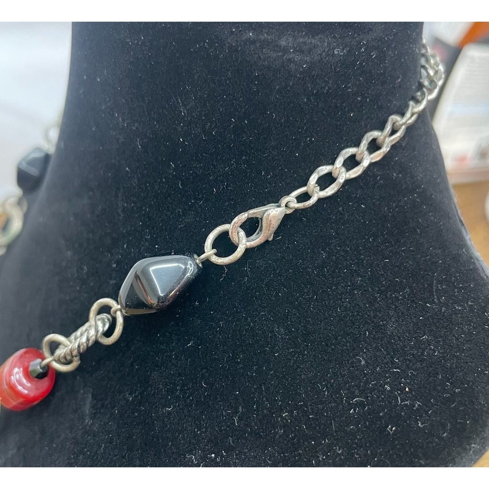 Artisan Red Lampwork Glass Bead Necklace Hammered Silver Tone Pendant Boho 18.5" - Picture 5 of 6